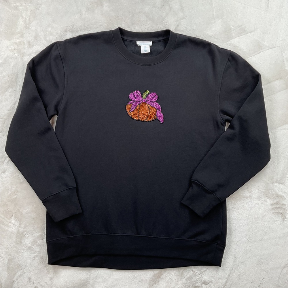 Cynthia Rowley Black Beaded Pumpkin Bow Sweatshirt Womens Small Fall Pullover